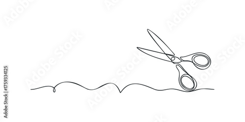 Continuous line drawing of scissors cutting wavy line