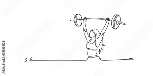 Single line drawing of a woman lifting a barbell overhead