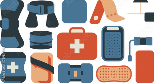 First Aid Supplies Illustration Bandages, Knee Brace, Elastic Wrap, First Aid Kit, and Other Essentials