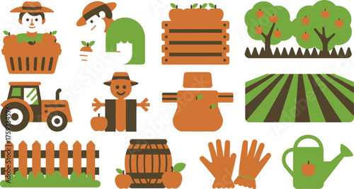 Flat Illustration of Farm, Farmers, Scarecrows, Tractor, Crops, Trees and Apple Harvest Items