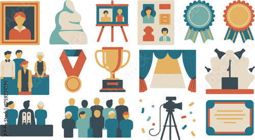 Flat Illustration of Awards, Recognition, Achievement, and Presentation Elements With Varied Figures