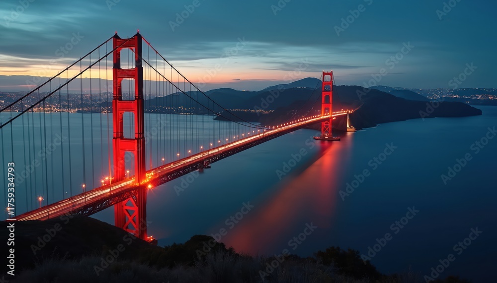 Fototapeta premium Golden Gate Bridge at night. Long exposure photo of suspension bridge over water with lights trails. Iconic landmark structure in San Francisco bay area at twilight. Lights reflect on calm water.