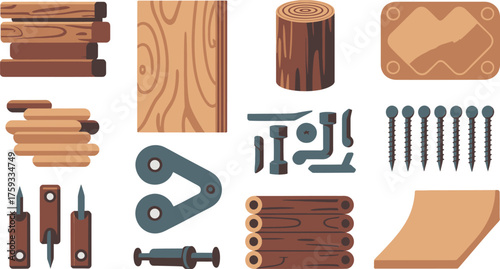 Flat Illustration of Woodworking Tools, Lumber, Hardware and Materials for Carpentry Projects