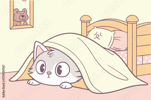 Cute cartoon cat hiding under a blanket in bed cozy and comforting illustration for childrens books and designs