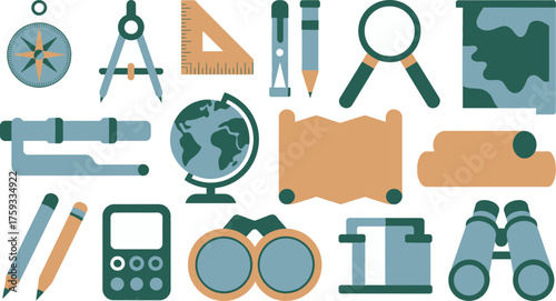 Geographic Tools Collection Compass, Globe, Binoculars, Map, Magnifying Glass, Spyglass, Protractor, Calculator, and Pencils Illustration
