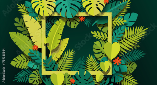 Lush Tropical Paper Cut Leaves Frame Design. Vibrant Green Foliage Border for Summer Events, Invitations, and Botanical-themed Promotions. Nature-inspired Art for a Fresh and Creative Layout