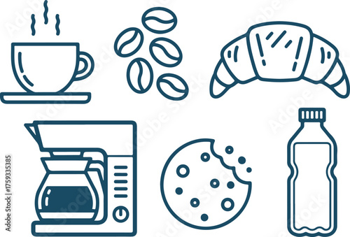 Vector art of breakfast and coffee icons including coffee maker, croissant, and cookie