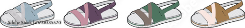A collection of four diverse, colorful, and stylish sandals for women, perfect for summer fashion and everyday wear