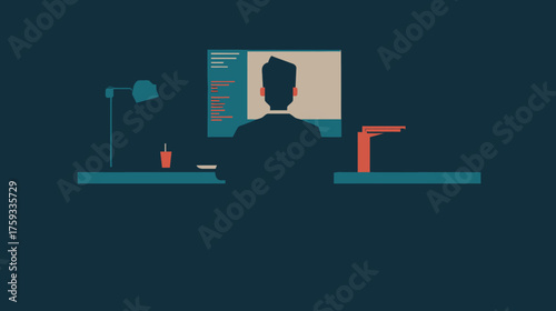 Person working on computer with code programming on screen in dark minimalist office workspace with desk lamp and file organizer digital security concept vector illustration