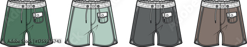Collection of men's summer swim trunks fashion flat sketch template. Casual beach shorts with drawstring waist and side pocket in various colors