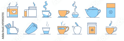 Minimalist vector icons set of hot tea mugs, teapot, tea bags, sugar jar, and steaming cup illustrations for tea brewing and hot drink preparation concept