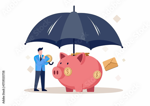 Businessman holding coin next to large piggy bank protected by oversized umbrella symbolizing financial security investment savings and economic safety concept