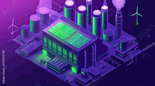 Isometric Industrial Factory with Solar Panels and Wind Turbines Generating Renewable Green Energy Technology in Futuristic Style Illustration