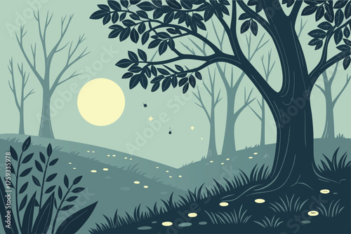 Misty forest landscape with glowing mushrooms a serene vector illustration perfect for backgrounds and atmospheric designs