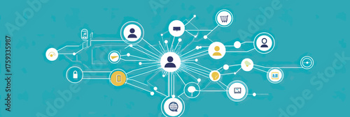 Flat minimalist digital network illustration with interconnected user icons and technology symbols for online global communication and business connection concept on teal background