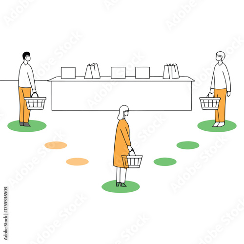 People social distancing at a checkout counter holding shopping baskets vector illustration for retail and safety guidelines