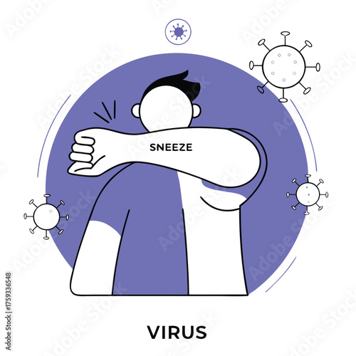 Man sneezing into his elbow a vector illustration for virus prevention and health awareness isolated on white background