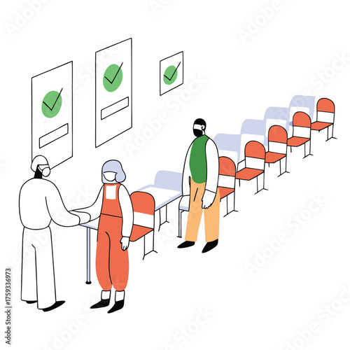 People in protective gear standing in line vector illustration of social distancing and safety measures isolated on white background