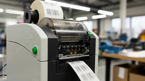 A barcode printer dispenses a printed label in a bright, busy office