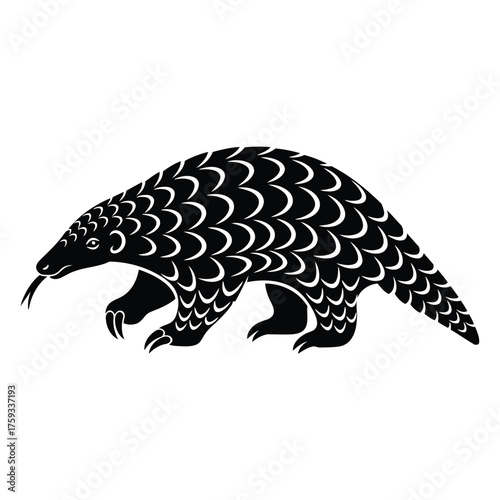 Vector illustration of stylized black silhouette of a pangolin with scales and tongue sticking out