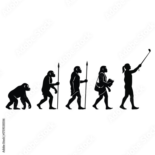 Vector illustration of human evolution from ape to modern man taking a selfie with a selfie stick