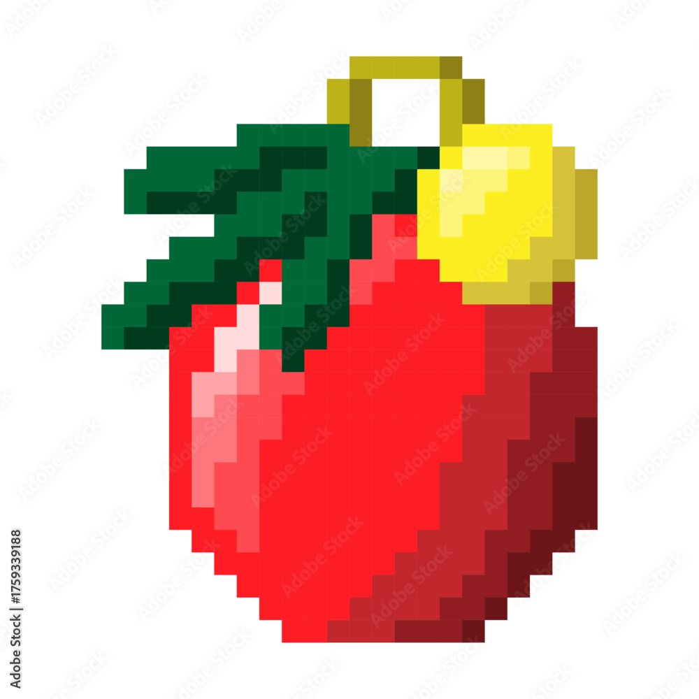 Obraz premium Christmas ball with fir branch isolated on transparent background. Xmas icon. Vector pixel art illustration of New Year