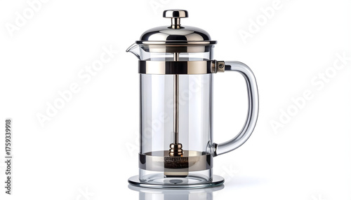Clear Glass French Press Coffee Maker (Empty), Isolated on a Pure White Background