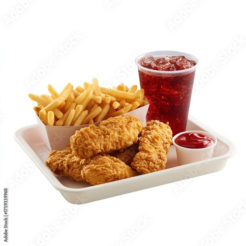 Chicken tenders with fries and soda isolated on white background, a classic fast food combo for lunch