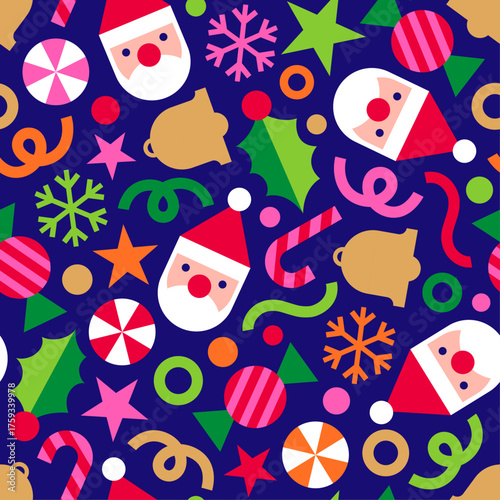Colorful cute geometric elements seamless pattern design for Christmas and new year celebration background.