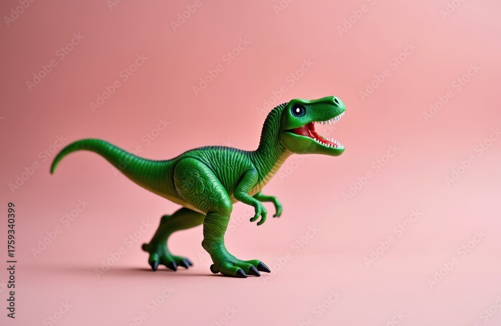 Fototapeta premium Green toy dinosaur stands on pastel pink background. This model has open mouth red tongue and white teeth. Plastic dino is a children toy or decoration.