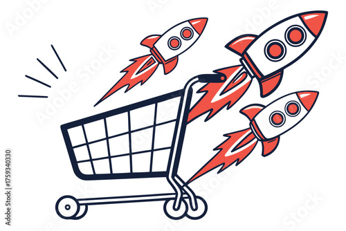 Illustration of a shopping cart being propelled by three rockets symbolizing fast delivery and sales growth