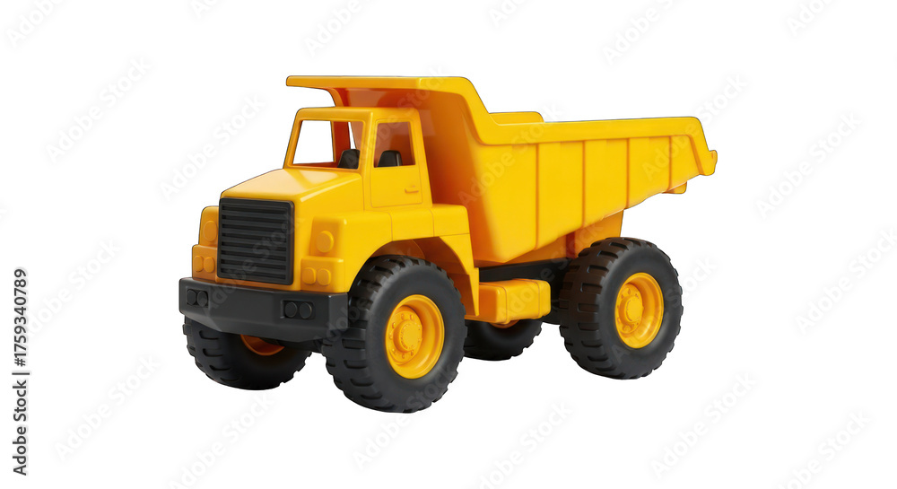 Naklejka premium Bright yellow dump truck toy, with large tires, on a black background