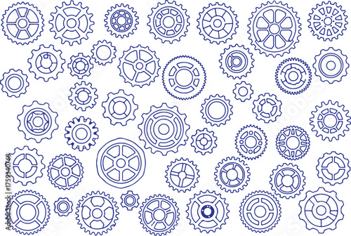 Vector art of seamless pattern of various gears and cogs, representing machinery and industry