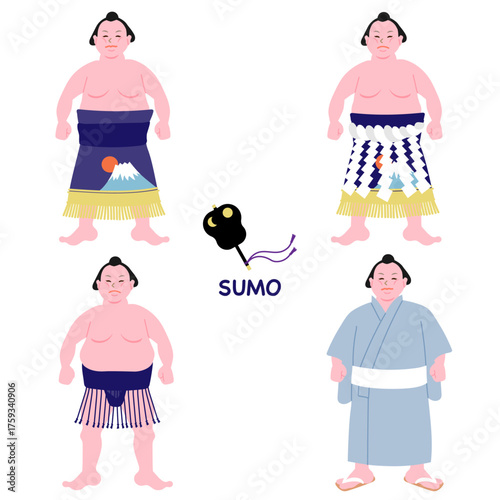 Vector illustration of four cute sumo wrestlers in different outfits and a gunbai fan