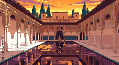 Beautiful Alhambra Palace courtyard with water reflection at sunset with stunning architecture and history