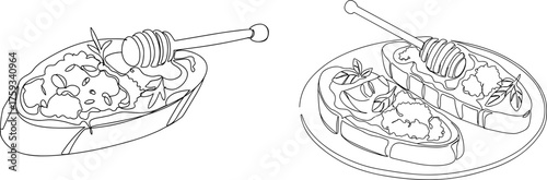 Line vector style illustration of honey on two plates of food  