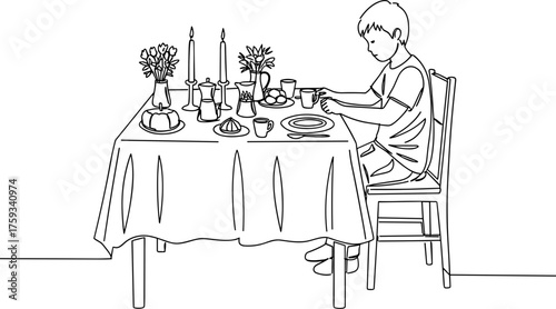Young boy sitting at table setting and enjoying tea in line vector style, transparent background  