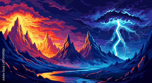 Dramatic Landscape Art Fire and Lightning Clash in Mountainous Terrain