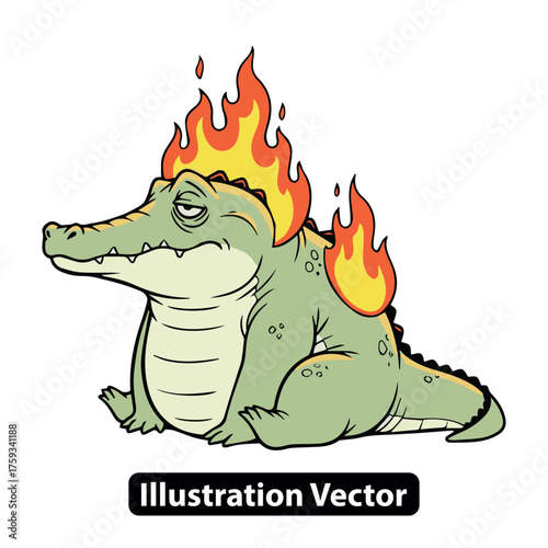 Cartoon alligator sitting with flames on its back, feeling hot and uncomfortable