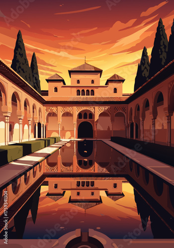 The Alhambra's Reflection A Stunning Sunset View of the Courtyard and Water in Granada, Spain