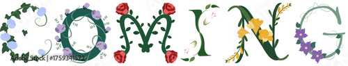COMING, Floral Alphabet Vector Illustration