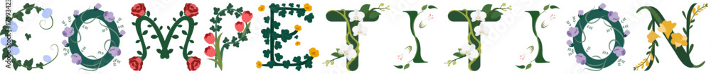 Naklejka premium COMPETITION, Floral Typography Alphabet Illustration