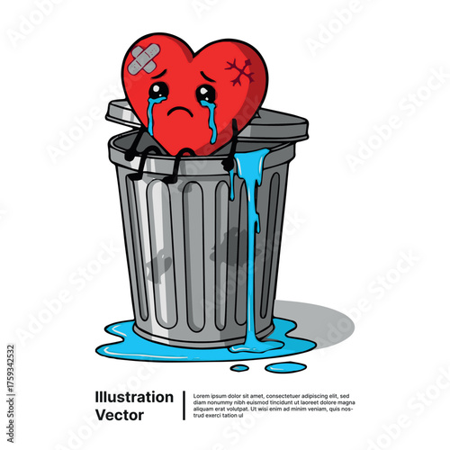 Heartbreak in a Trash Can Sad, Emotional Illustration of Loss and Rejection