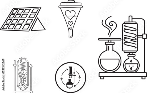 Renewable Energy and Chemistry Lab Icons Line Art Vector Set with Solar Panel Funnel Distillation and Recycle Symbols