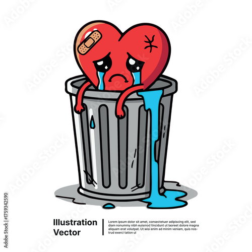 Sad Heart in Trash Can A Depressed Heart with Tears and Bandage in a Garbage Bin