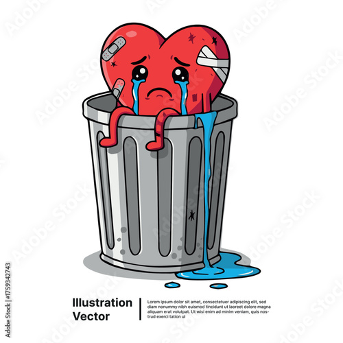 Sad cartoon broken heart with bandages crying while sitting in a metal trash can illustration