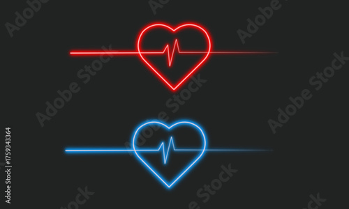 Neon glowing heart pulse vector icons set, medical, health, care, love, vital, vibrant colorful digital design illustration on dark background.