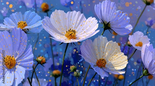Dreamy Blue and White Cosmos Flowers with Golden Bokeh Background