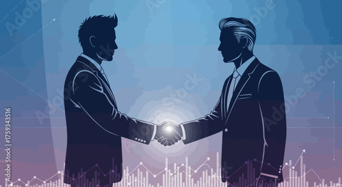 Two silhouetted businesspeople shake hands, glowing against an abstract blue-purple background with financial graphs