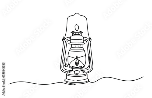 Vintage kerosene lamp with glowing flame and wire on white background line art illustration